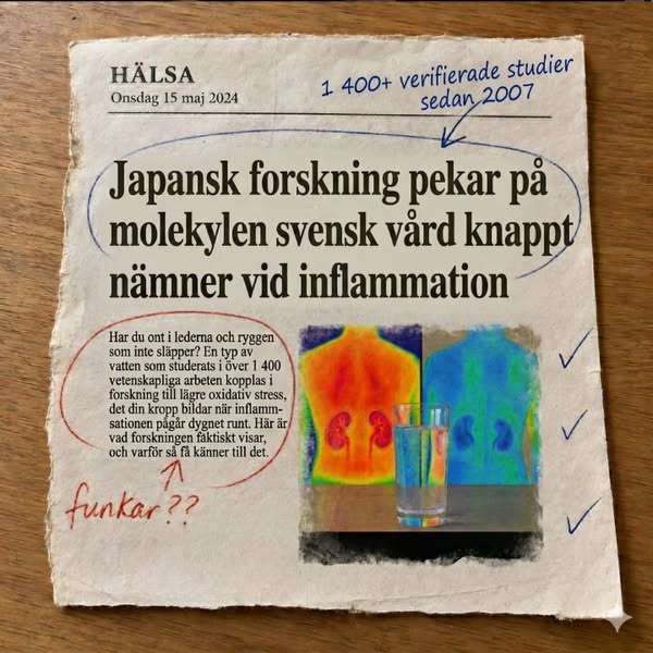 Glas vatten bredvid en uppslagen vetenskaplig tidskrift, redaktionell stil