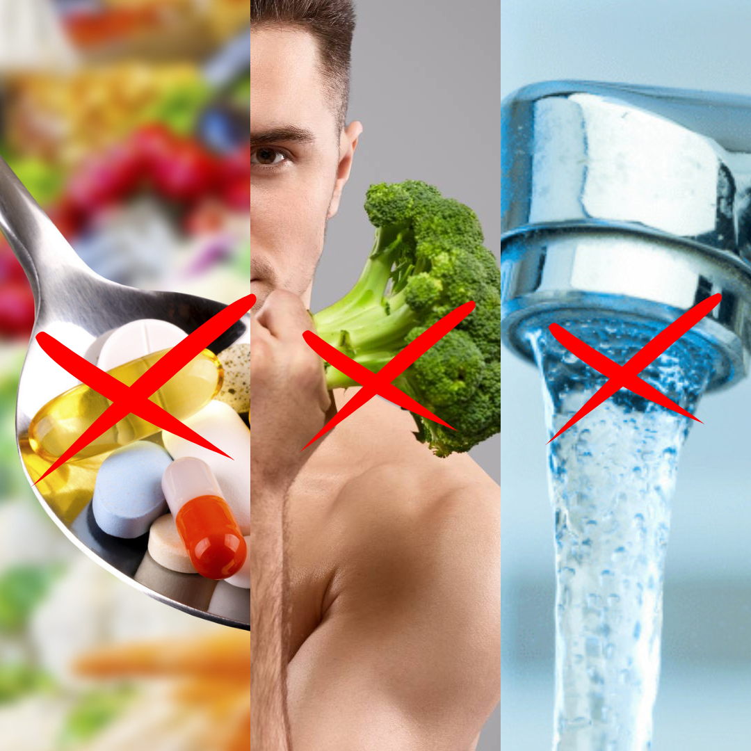 Tre ikoner med röda kryss: tillskottsburk, kran med grumligt vatten, tallrik med sparsam diet